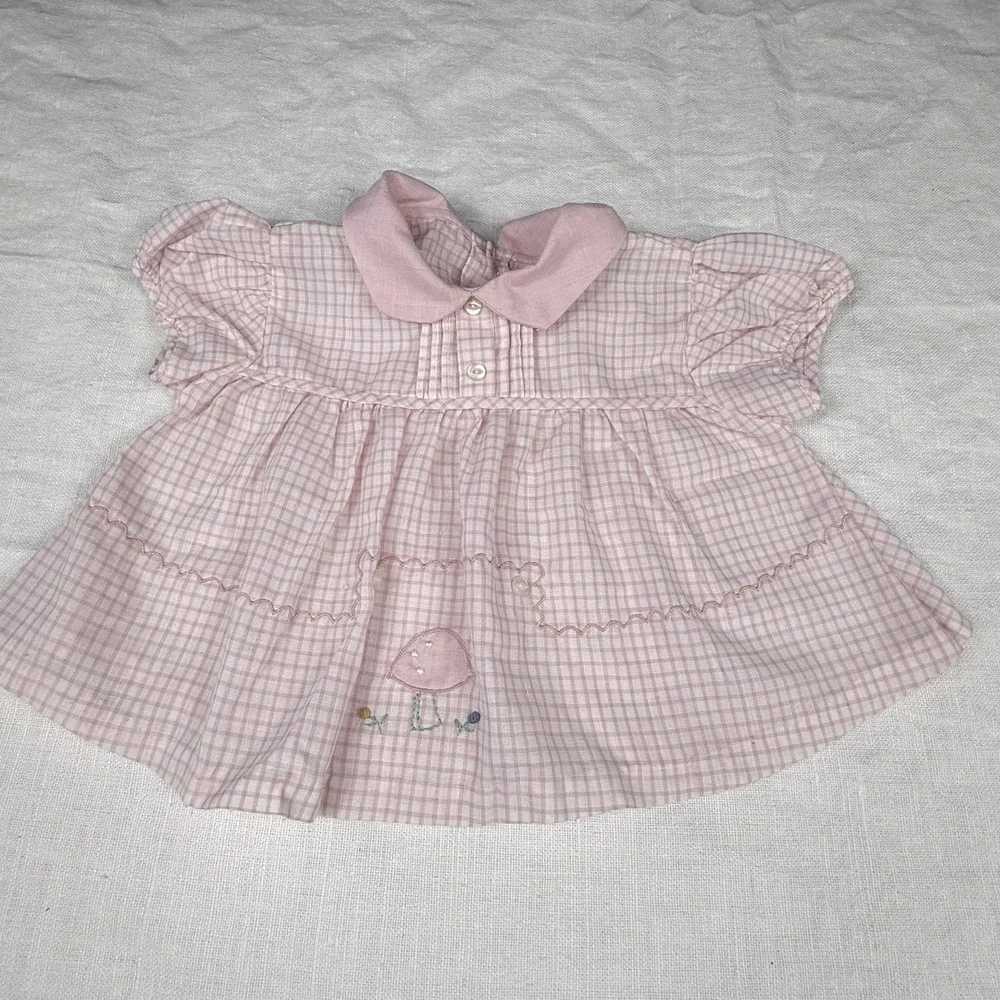Primitive Dress Girls 0-3M Pink Gingham Peter Pan Collar Embroidered Mushroom